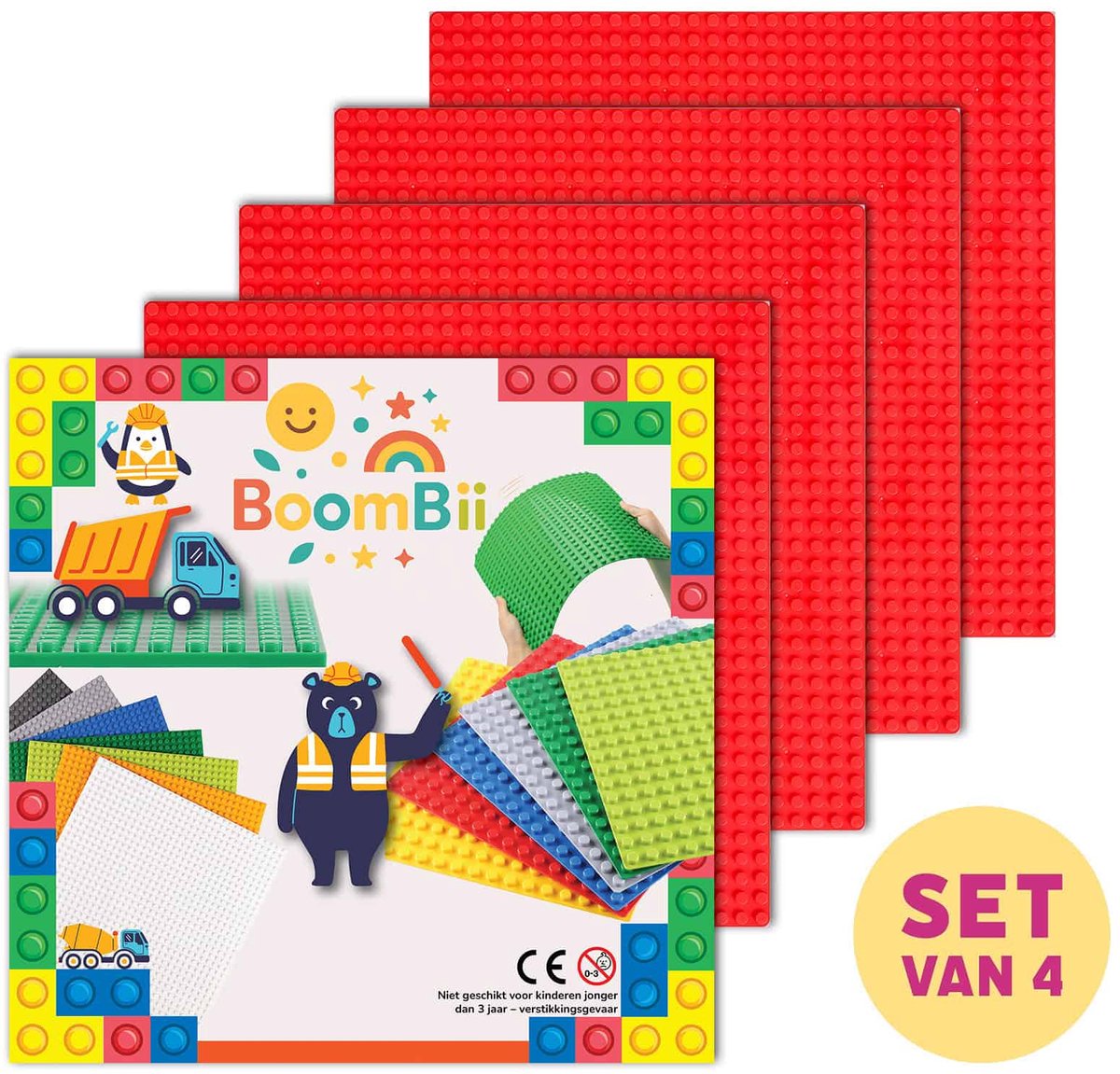 Bouwplaat rood - geschikt voor LEGO - set van 4 bouwplaten