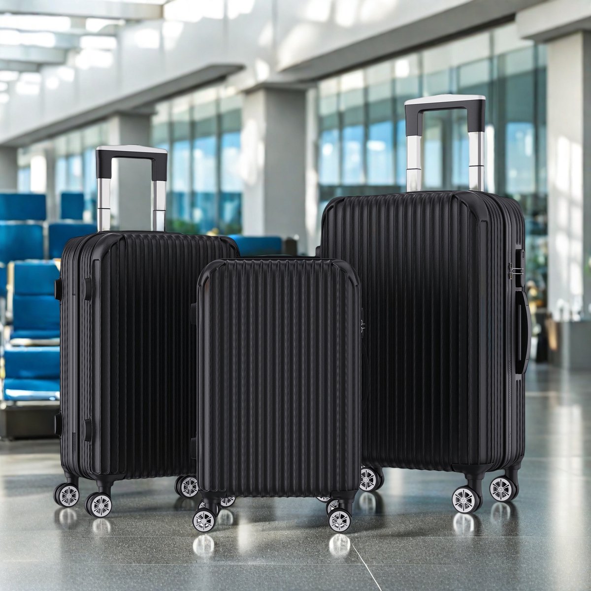 Kofferset 3-delig 20/24/28 inch – Zwarte koffer met wielen en handige draagbare weegschaal voor vakantie en zakenreis