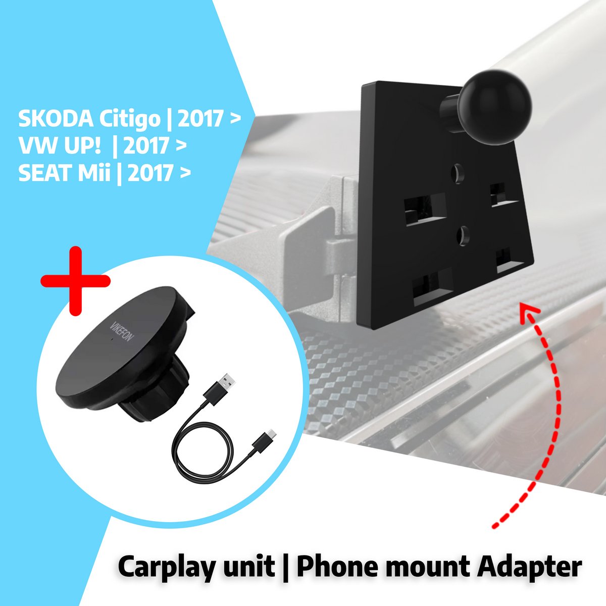 Volkswagen UP Auto-adapter voor CarPlay scherm en telefoonhouder accessoires (Seat Mii, Skoda Citigo) | Type 2 + MagSafe lader