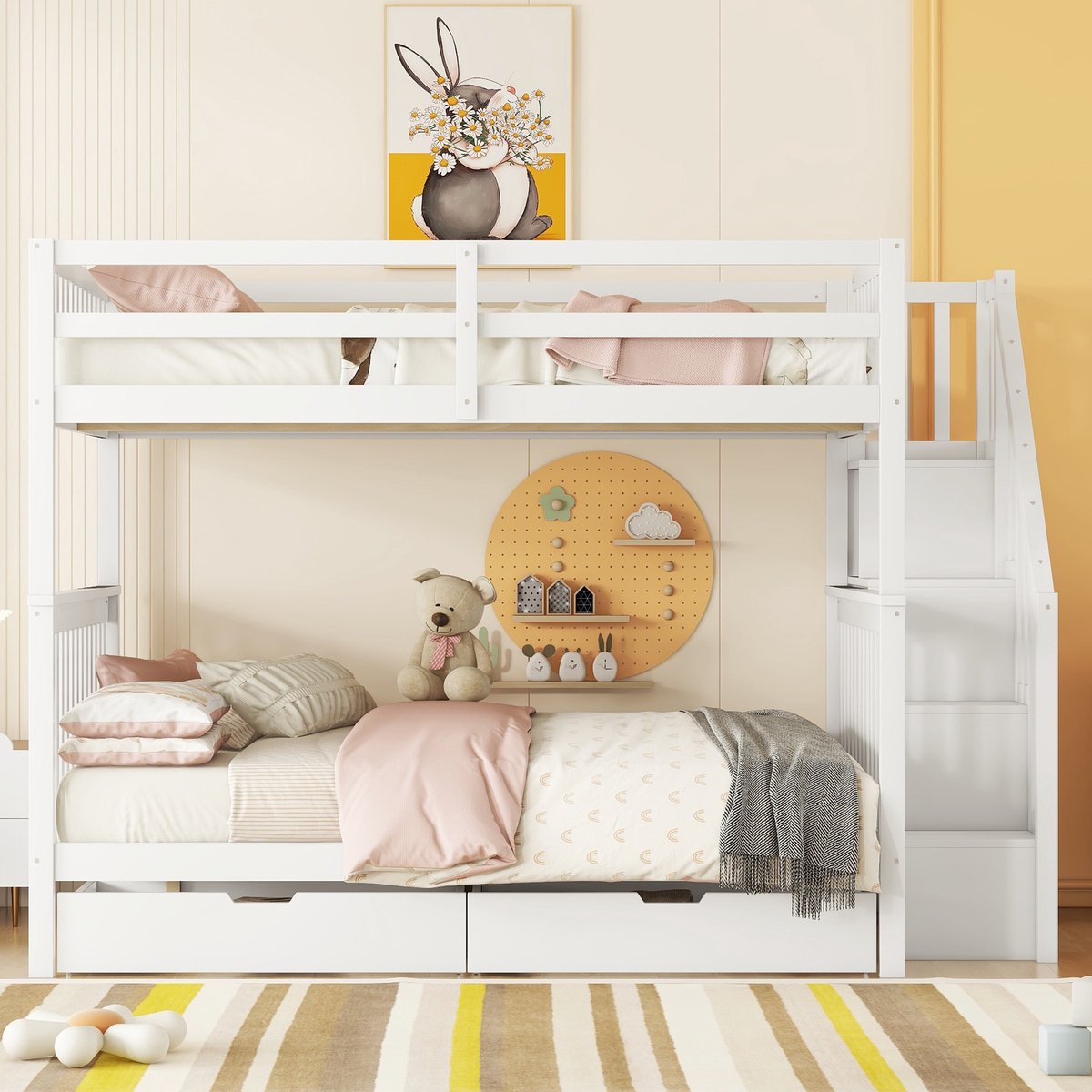 Merax 140x200cm stapelbed - trap boekenplank - voorzien van twee laden - hoge reling - wit - zonder matras