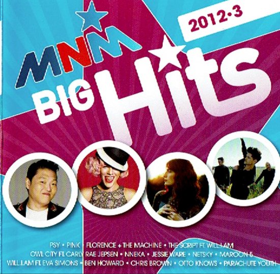 Albumhoes met "MNM Big Hits 2012.3". Vier ronde portretten: PSY, Pink, Florence + The Machine, The Script ft. Will.I.Am.