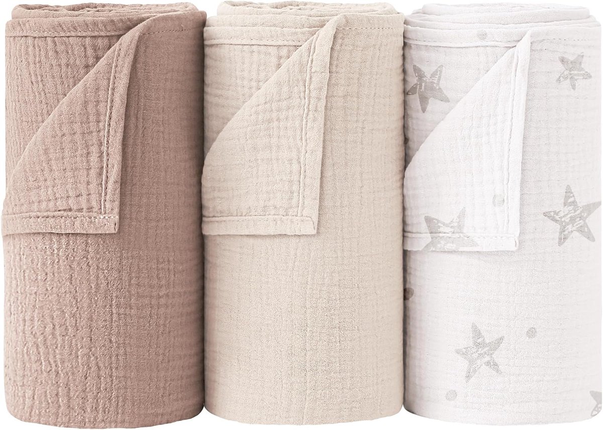 Image of Ademende Mousseline Inbakerdoeken voor Baby's - 3 Stuks, 96 x 102 cm, Zacht en Comfortabel