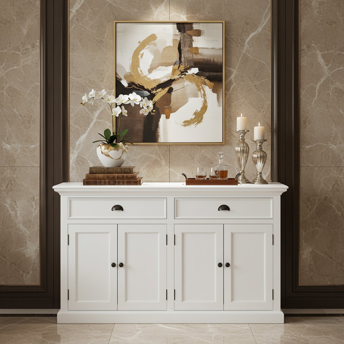 Goeria Dressoir met witte houtnerf, vier deuren, woonkamer, met DRIE