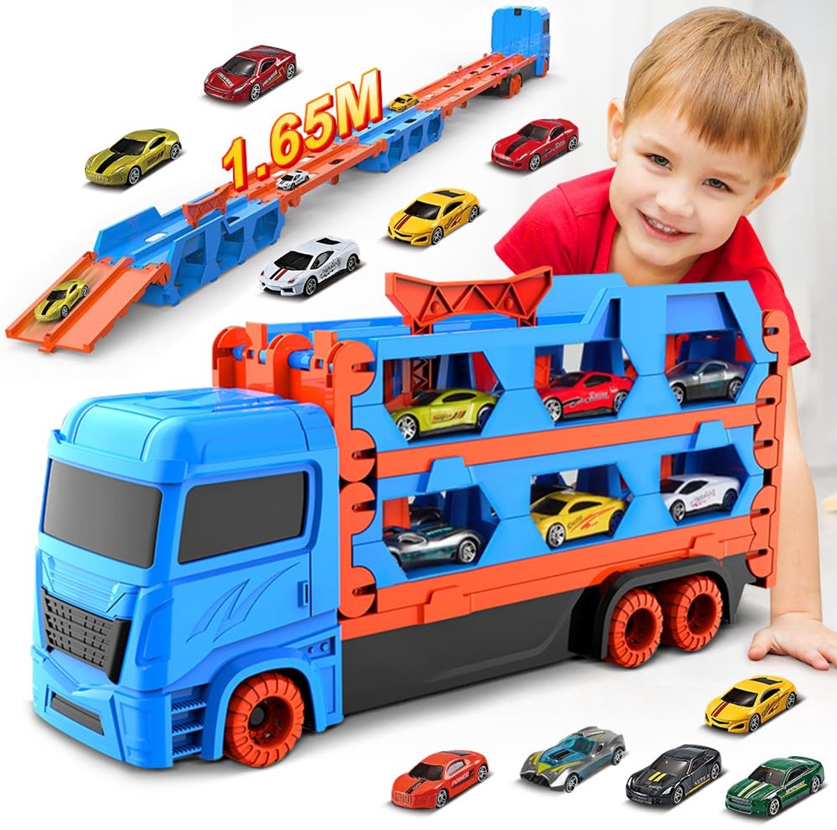 VATOS Transport Truck Vrachtwagen Blauw - Met 6 Race Auto's Trein - Draagbaar Ontwerp Racebanen - Educatief Voertuig Speelset voor Kinderen 3-6 Jaar