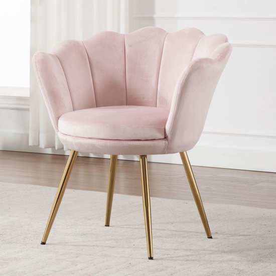chairus Make-uptafelstoel, schelpstoel van fluweel, loungestoel met gouden poten, armleuningstoel voor woonkamer, lichtroze