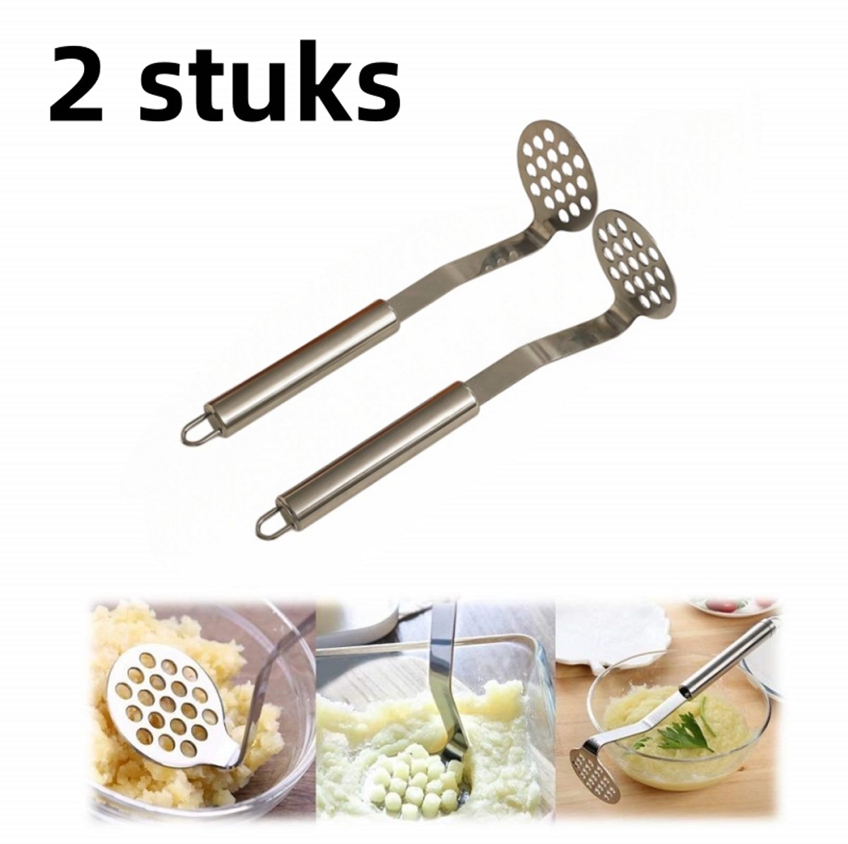2-delige multifunctionele aardappelstamper van roestvrij staal voor babyvoeding - zilver
