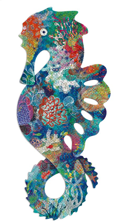 Een volledig opgebouwde Djeco Puzz'Art 350 stukjes 'Zee paardje' puzzel, met een levendig en gedetailleerd zeepaardje in de vorm van de puzzel.