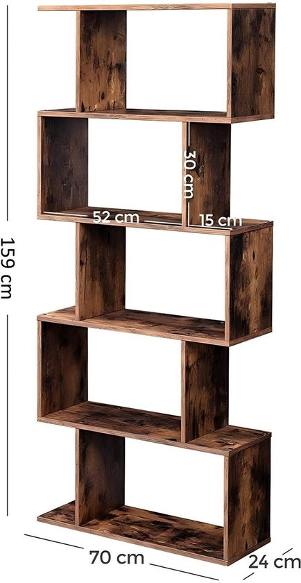 Hoppa! Boekenkast Vintage - Opbergkast - Rechthoekige Vakken - Kast Voor Boeken - Bruin - 70 x 24 x 159 (B x D x H)