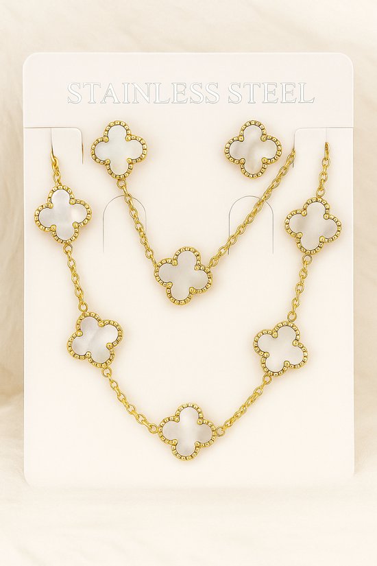 EHH BEAUTY - Ensemble trèfle - Boucles d'oreilles, bracelet, collier - Trèfle Wit de 10 mm - Ensemble de Bijoux dans un sac de rangement de luxe