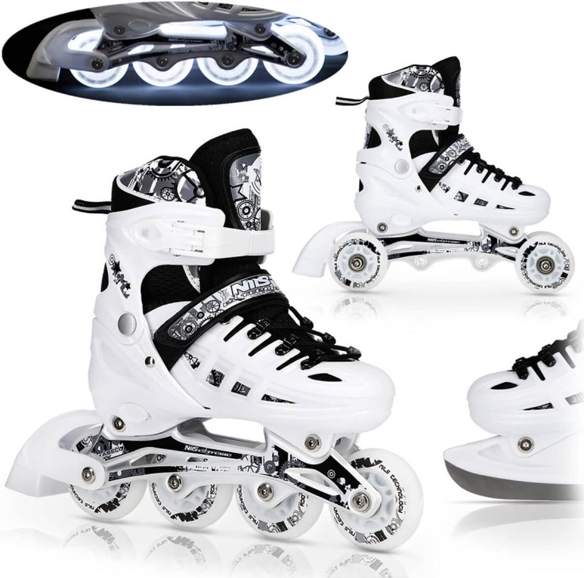 4-in-1-schaatsen Set - Inlineskates, Triskates, Rolschaatsen en IJsschaatsen - Verstelbare Maat 39-42 met LED Wieltjes