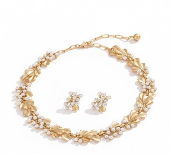 Collier de perles couleur or pour femme avec motif de feuille, boucles d'oreilles incluses