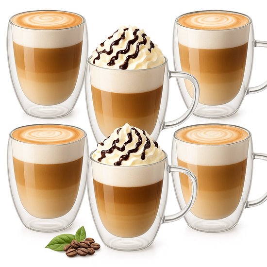 IBS Home - Verres à café - Verres à café - Verres à thé à double paroi - Verres à latte macchiato - Verres à Cappuccino - Tasses à café - 350 ml - Set de 6 - Verre borosilicaté à double paroi - Verres à café avec anse - Tasses à café