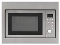Zilverkleurige inbouwmagnetron met digitale display en bedieningsknoppen.