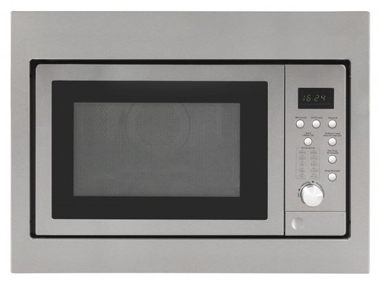Zilverkleurige inbouwmagnetron met digitale display en bedieningsknoppen.