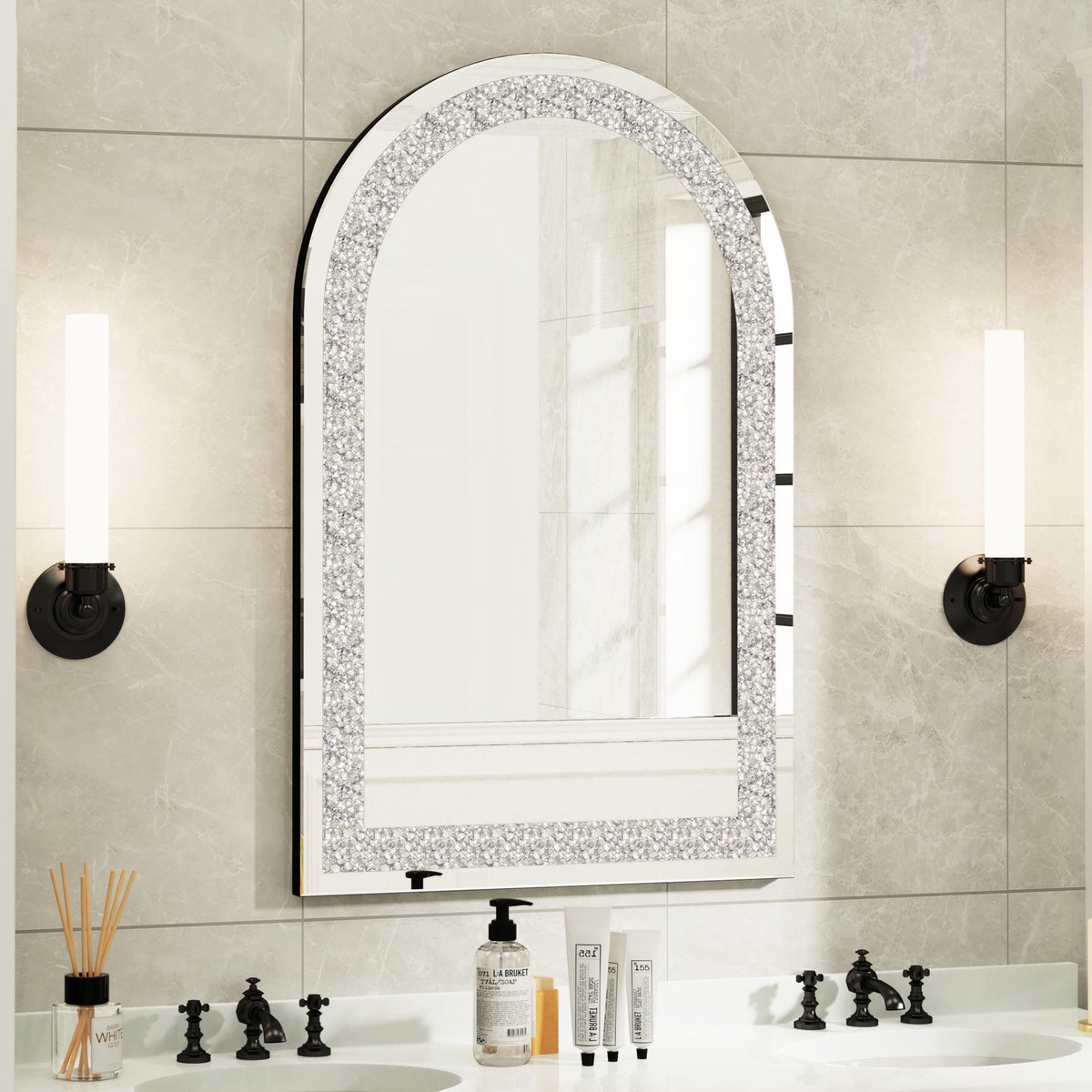 Artloge Wandspiegel - Wandspiegel Woonkamer Diamant - Gebogen wandspiegel met kristaldiamanten - zilvergecoat glas - 60 x 90 cm - geschikt voor woonkamer, slaapkamer en haldecoratie