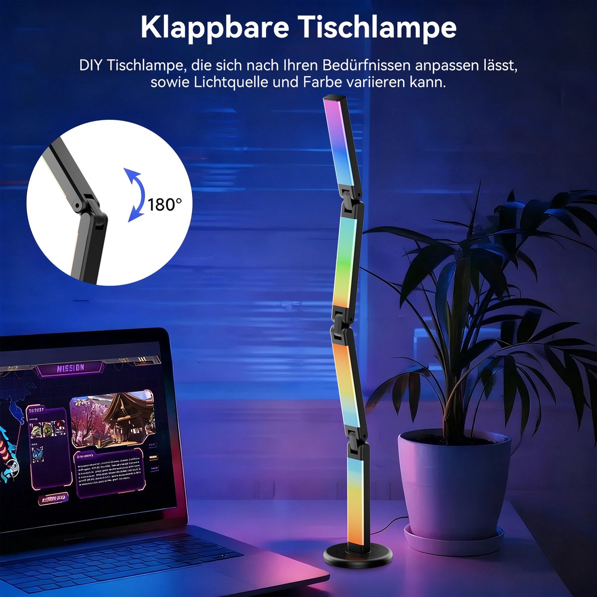 RAYOFI LED Bureaulamp met sfeerverlichting - Muzieksynchronisatie en 16 miljoen DIY-kleuren - opvouwbare lamp met dimfunctie en timer - moderne LED-verlichting voor bureaus en gamingruimtes thumbnail 3