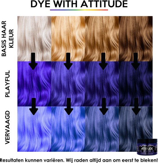 Matrix met haarstalen: Basis blond, bruin, donkerbruin haar gekleurd met paars en blauw. "DYE WITH ATTITUDE"