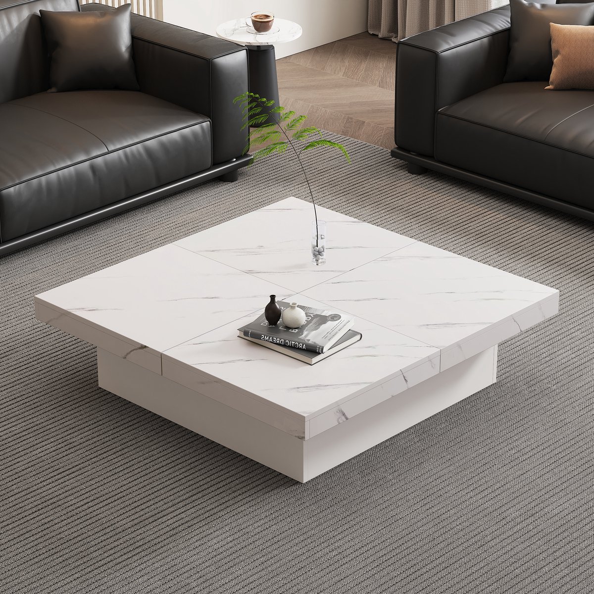 HAUSS SPOLE Salontafels - Vierkante Salontafel Met Marmerlook - 4 Laden En Schuifblad - 90x90x25 cm - Hout - Wit