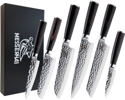 Ensemble de couteaux Messerhai Thanosi, Zwart, style Damas - Ensembles de couteaux japonais - Couteau de chef japonais, Santoku (2x), Kiritsuke, couteau à viande, Petty couteau - Set de Couteaux de cuisine Hobby et usage professionnel