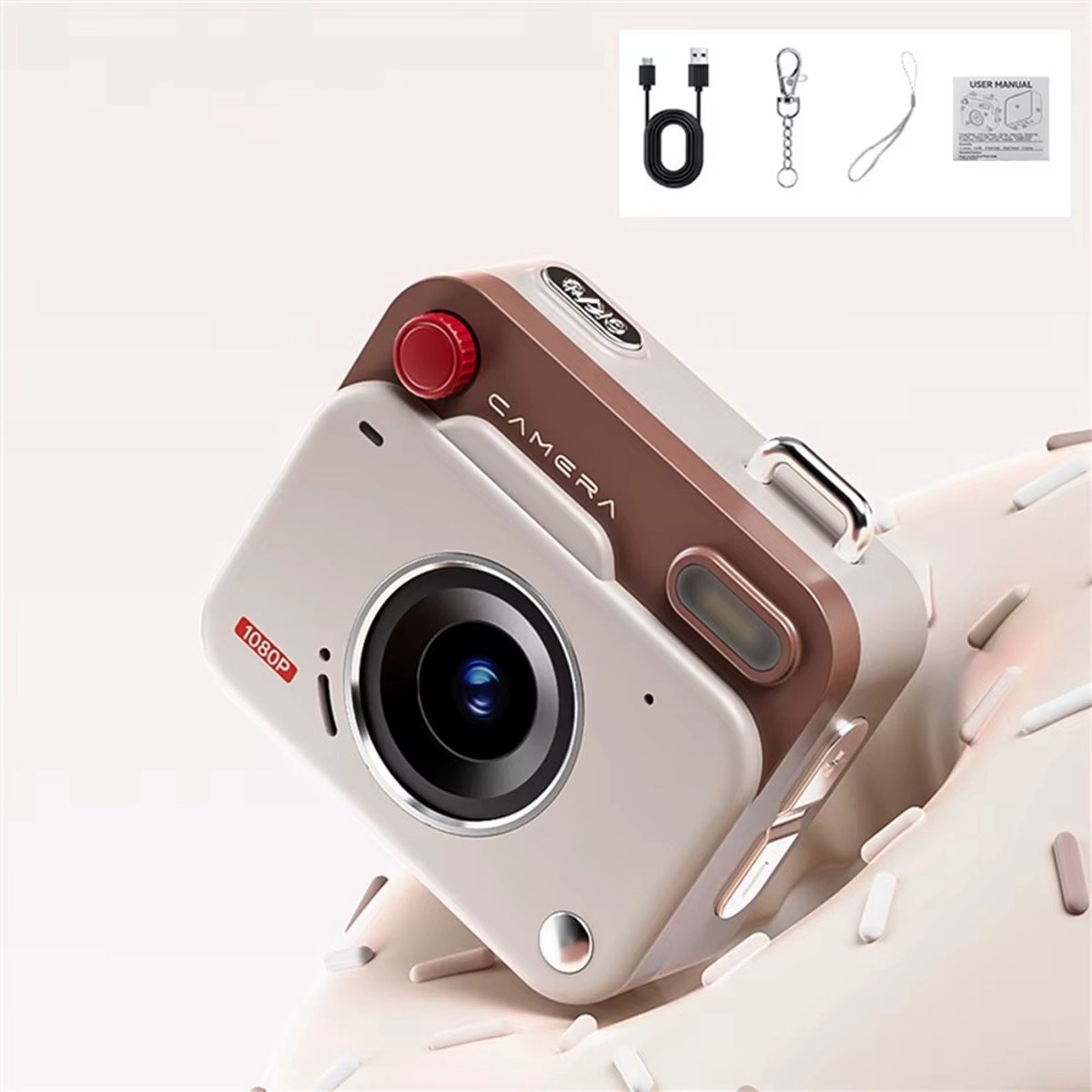 Molain Mini Digital Camera - Full HD 1080P - Sleutelhanger - Retro - Foto & video - Met flits - Build in speaker - Beige