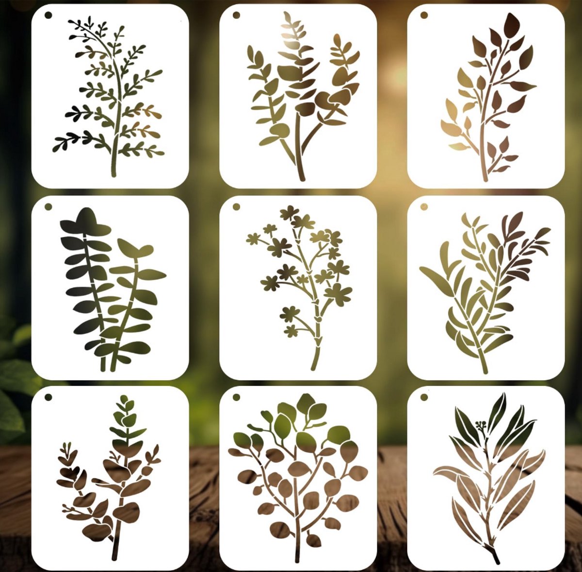 Provento- Stencils 9 stuks voor knutselen en DIY kunst - Herbruikbare plantensjablonen voor schilderen - Natuurlijke planten decor - Scrapbook en muurdecoratie - 75 karakters.