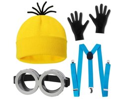 Pradeo - Complete Minions Verkleed Outfit - 4 Delig - Verkleden - Kleding - Minions - Gele Muts, Grijze Bril, Zwarte Handschoenen en Blauwe Bretels - Carnaval - Feest - Festival - One Size