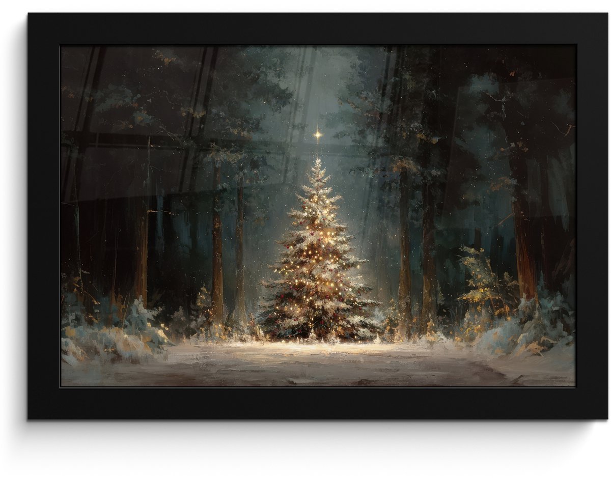 FrameYourWall Poster in lijst - Fotolijst 30x20 cm - Posters - Kerstboom - Bos - Sneeuw - meerkleurig - Posterlijst zwart - Decoratie - Wanddecoratie woonkamer - Muurdecoratie slaapkamer - Kerstversiering - Kerstdecoratie voor binnen - Kerstmis