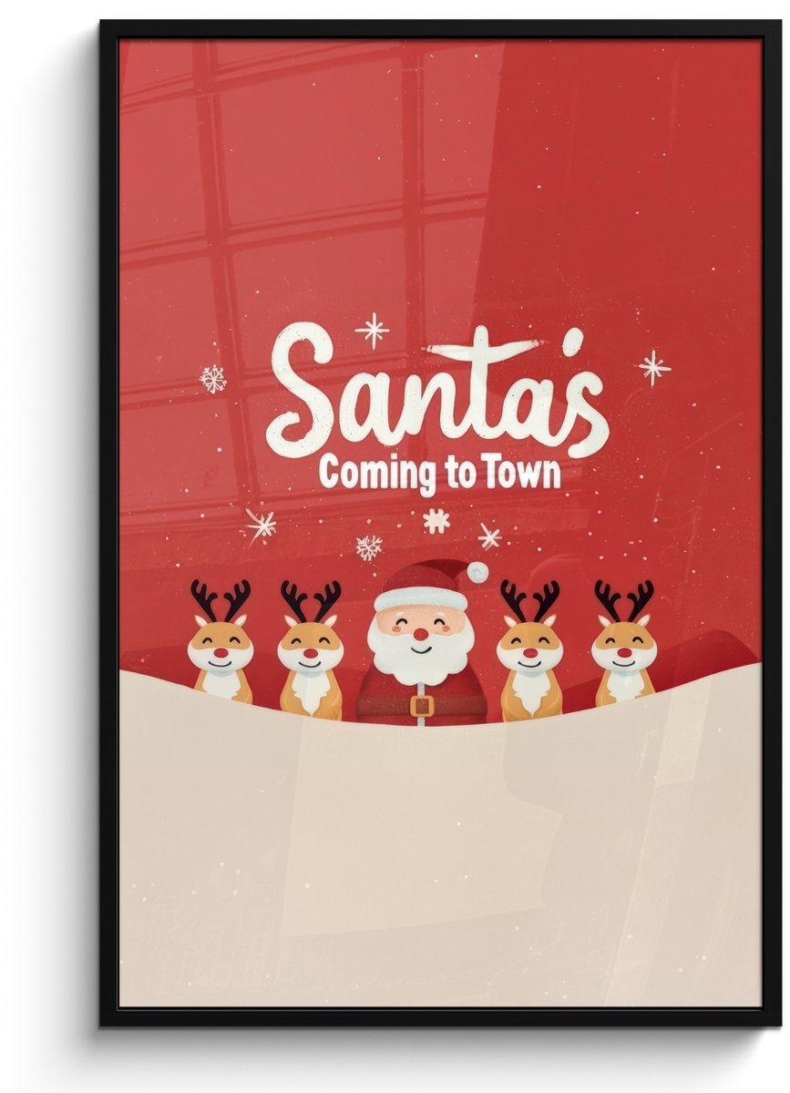 FrameYourWall Poster in lijst - Fotolijst 80x120 cm - Posters - Illustratie - Kerstman - Rendieren - Rood - Posterlijst zwart - Decoratie - Wanddecoratie woonkamer - Muurdecoratie slaapkamer - Kerstversiering - Kerstdecoratie voor binnen - Kerstmis