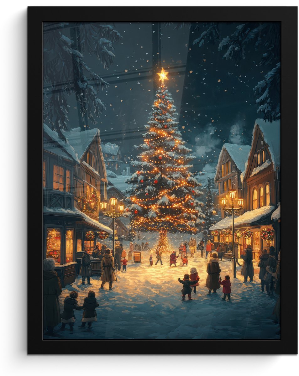 FrameYourWall Poster in lijst - Fotolijst 30x40 cm - Posters - Kerstfeest - Dorp - Donker - Posterlijst zwart - Decoratie - Wanddecoratie woonkamer - Muurdecoratie slaapkamer - Kerstversiering - Kerstdecoratie voor binnen - Kerstmis
