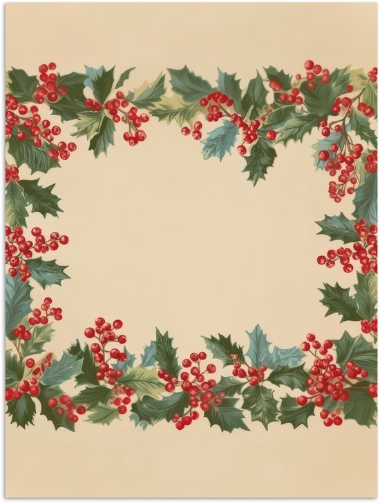 Poster 30x40 cm - Hulstrand - Bessen - Beige - Posters - Kamer decoratie - Wanddecoratie woonkamer - Muurdecoratie slaapkamer - Kerstversiering - Kerstdecoratie voor binnen - Kerstmis