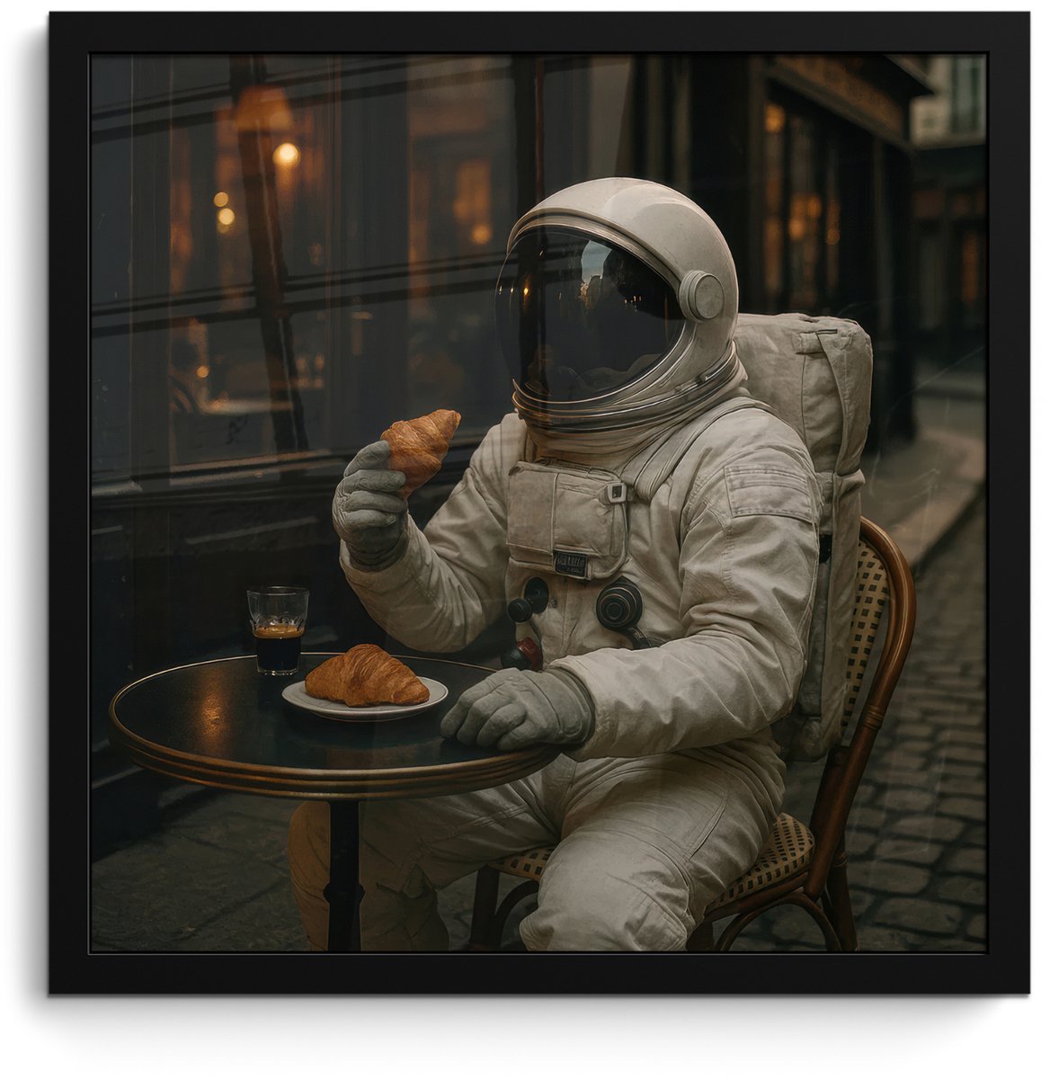 FrameYourWall Poster in lijst - Fotolijst 40x40 cm - Posters - Café - Croissant - Koffie - Astronaut - Posterlijst zwart - Decoratie - Wanddecoratie woonkamer - Muurdecoratie slaapkamer