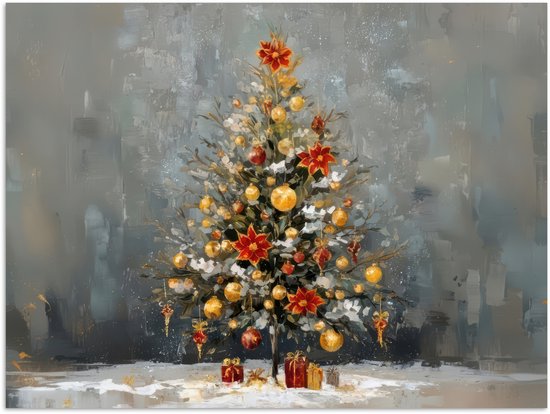 Poster 120x90 cm - Kerstboom - Cadeaus - Rood - Goud - Posters - Kamer decoratie - Wanddecoratie woonkamer - Muurdecoratie slaapkamer - Kerstversiering - Kerstdecoratie voor binnen - Kerstmis