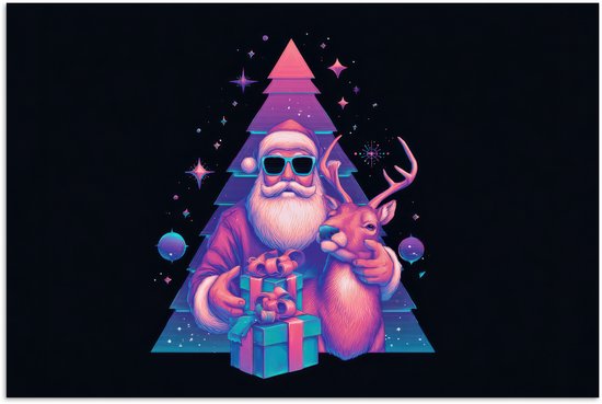 Poster 120x80 cm - Retro - Kerstman - Rendieren - Kerstboom - Posters - Kamer decoratie - Wanddecoratie woonkamer - Muurdecoratie slaapkamer - Kerstversiering - Kerstdecoratie voor binnen - Kerstmis