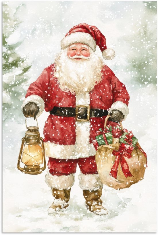 Poster 60x90 cm - Kerstman- Winter - Sneeuw - Wit - Rood - Posters - Kamer decoratie - Wanddecoratie woonkamer - Muurdecoratie slaapkamer - Kerstversiering - Kerstdecoratie voor binnen - Kerstmis