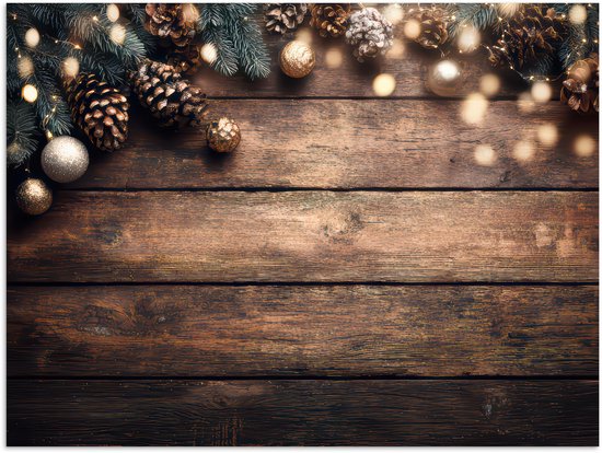 Poster 40x30 cm - Kerstdecoratie - Houten - Dennenappel - Bruin - Posters - Kamer decoratie - Wanddecoratie woonkamer - Muurdecoratie slaapkamer - Kerstversiering - Kerstdecoratie voor binnen - Kerstmis