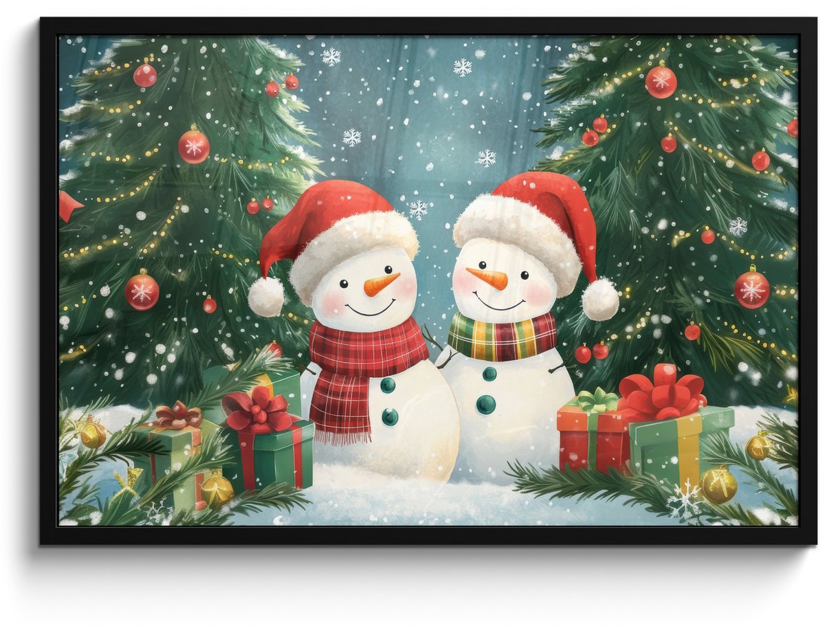 FrameYourWall Poster in lijst - Fotolijst 90x60 cm - Posters - Sneeuwpop - Kerstsneeuw - Groen - Rood - Posterlijst zwart - Decoratie - Wanddecoratie woonkamer - Muurdecoratie slaapkamer - Kerstversiering - Kerstdecoratie voor binnen - Kerstmis