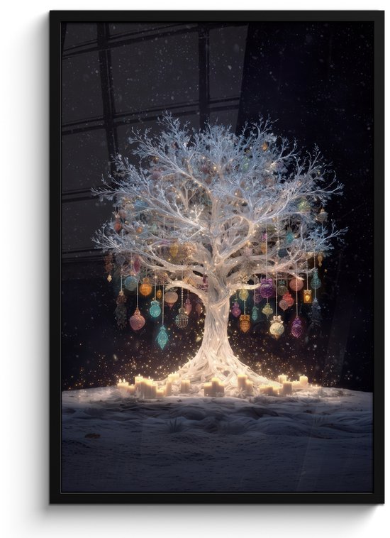 Poster in lijst - Fotolijst 60x90 cm - Posters - Sneeuwboom - Lichtjes - Wit - Kleurrijk - Posterlijst zwart - Decoratie - Wanddecoratie woonkamer - Muurdecoratie slaapkamer - Kerstversiering - Kerstdecoratie voor binnen - Kerstmis