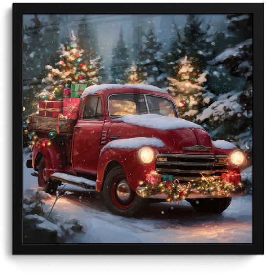 Poster in lijst - Fotolijst 40x40 cm - Posters - Kersttruck - Sneeuwbos - Rood - Posterlijst zwart - Decoratie - Wanddecoratie woonkamer - Muurdecoratie slaapkamer - Kerstversiering - Kerstdecoratie voor binnen - Kerstmis