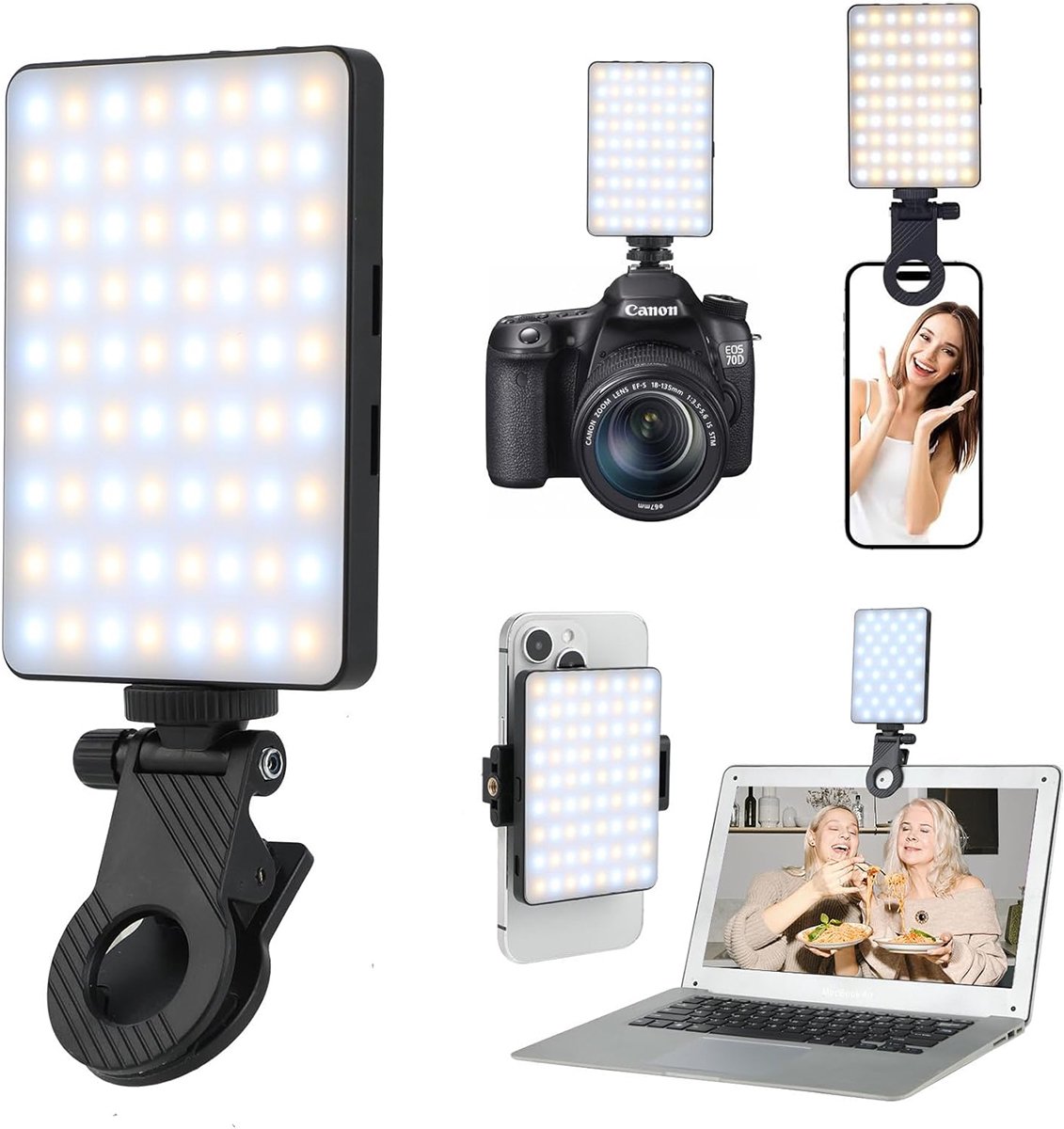 Vitdipy - LED-selfielamp - Mobiele telefoonlamp - 2000 mAh - Oplaadbare - Clip-on videolamp - Verstelbare 3 lichtstanden - Geschikt voor mobiele telefoon, camera, laptop, iPad, mobiele selfielamp, videoconferenties, TikTok, vlog - Wit, zwart