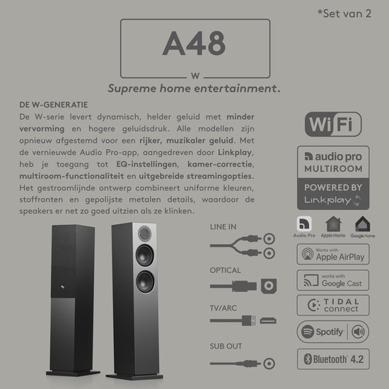Audio Pro A48 W Smart Multiroom Actieve Vloerstaande Luidsprekers - Audio Pro Multiroom (Linkplay) - Ruimtecorrectie - 2x130W Speakers - Zwart van Merkloos — afbeelding 5