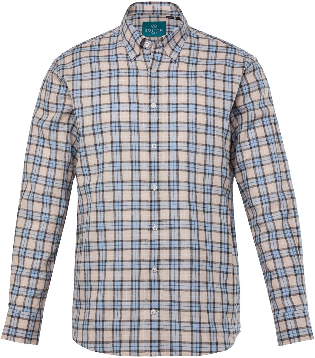 Boston Park - Heren - Ruitenshirt van een linnenmix lange mouwen Comfort Fit - Lichtbeige - Maat 3XL