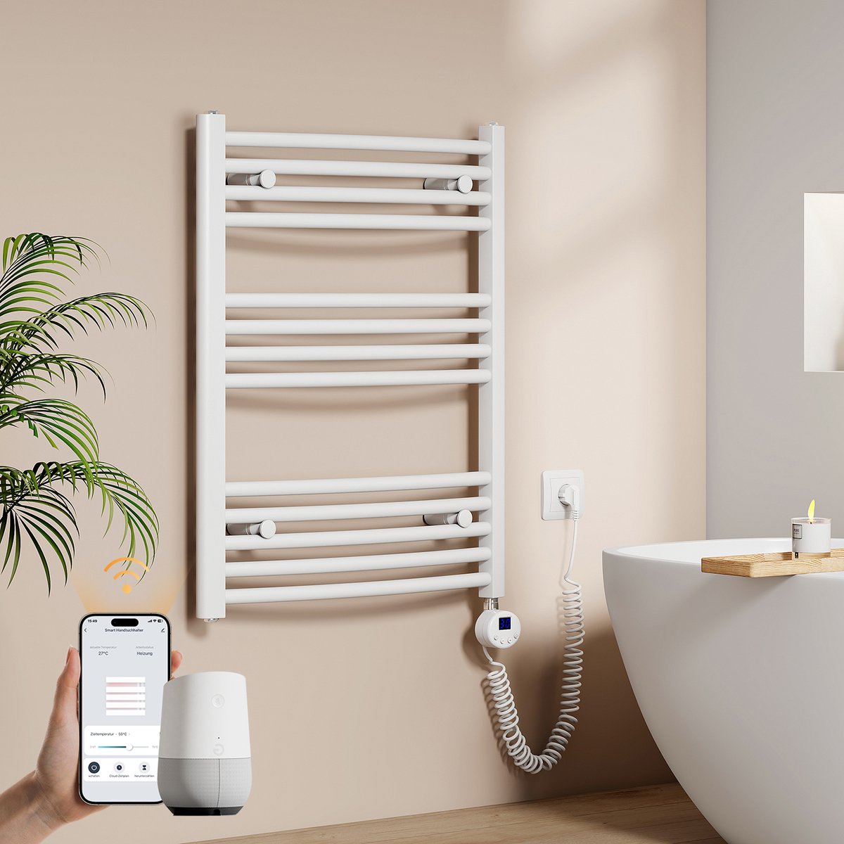 EMKE Elektrische Handdoekradiator - Slimme Bediening - APP Week Timer - 75x60cm - 300W - Glans Wit