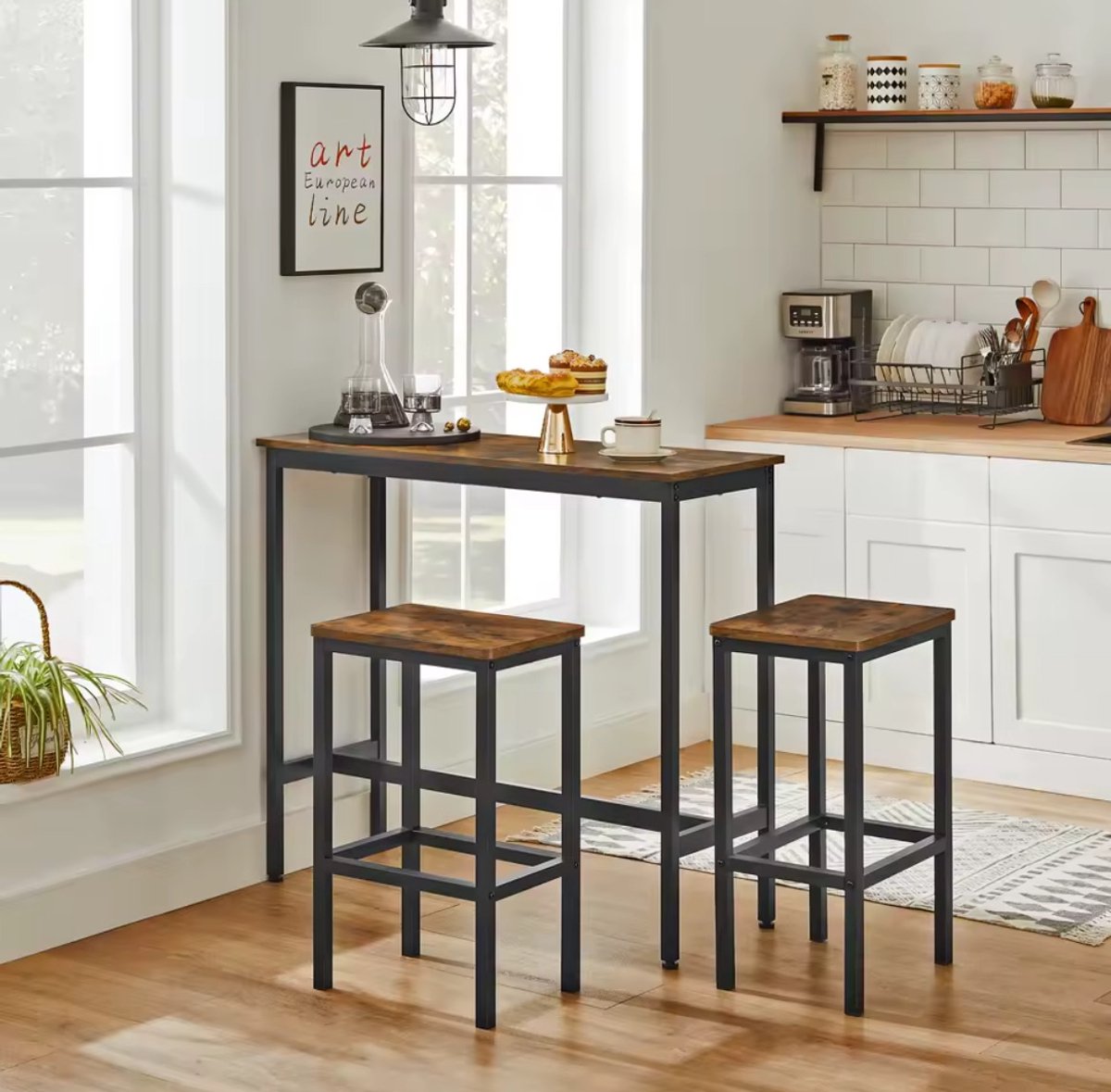 Bartafel-set, statafel met 2 barkrukken, keukenbar met barstoelen, keukentafel en keukenstoelen in industrieel design, voor in de keuken, 120 x 60 x 90 cm, vintage, donkerbruin