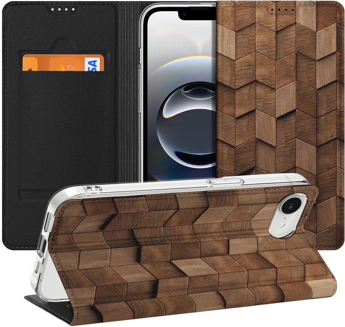 Wallet Case voor Apple iPhone 16e/17e Wooden Cubes
