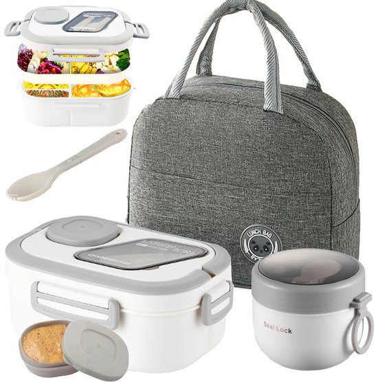 Grijze lunchtas met witte en grijze lunchbox, extra bakjes, lepel en yoghurtbeker.