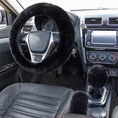 Stuurhoes voor auto - 3-delige set - Stuurhoes van pluche - Handremhoes en schakelpookhoes - Winterstuurhoes - Antislip en warm - Geschikt voor stuurwielen met een diameter van 38 cm - Zwart
