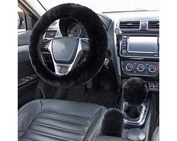 Stuurhoes voor auto - 3-delige set - Stuurhoes van pluche - Handremhoes en schakelpookhoes - Winterstuurhoes - Antislip en warm - Geschikt voor stuurwielen met een diameter van 38 cm - Zwart