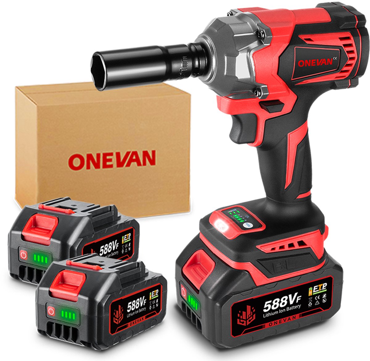 ONEVAN Accu Slagmoersleutel - 1000 Nm Borstelloos Slagschroevendraaier - 1/2 inch Accu slagpistool - met 2x batterijen - Elektrische Slagmoersleutel voor huis en auto