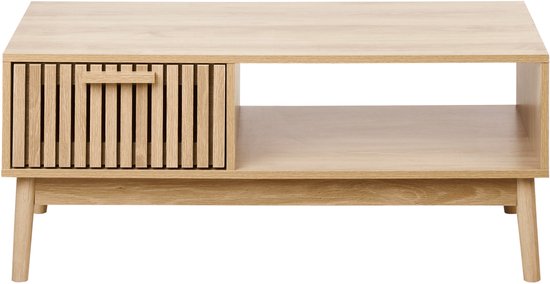 Houten salontafel met één geribbelde ladefront en een open vak, op schuine poten.