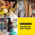 Drie afbeeldingen van vrouwen in Afrika, omringd door katoen en textiel, en gedroogde kapok peulen.